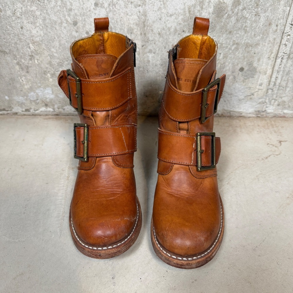 Frye Sabrina Tan Leather Double Buckle Moto Ankle Boots 8.5 M Made in USA - Picture 5 of 8